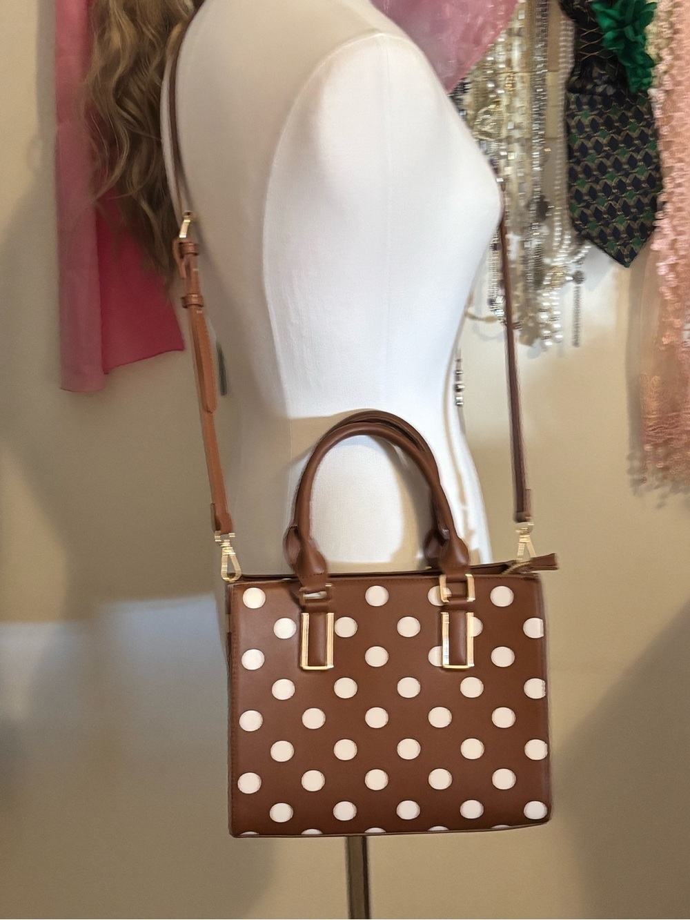 Miztique Polka Dot Satchel Crossbody Bag Brown White Gold Hardware